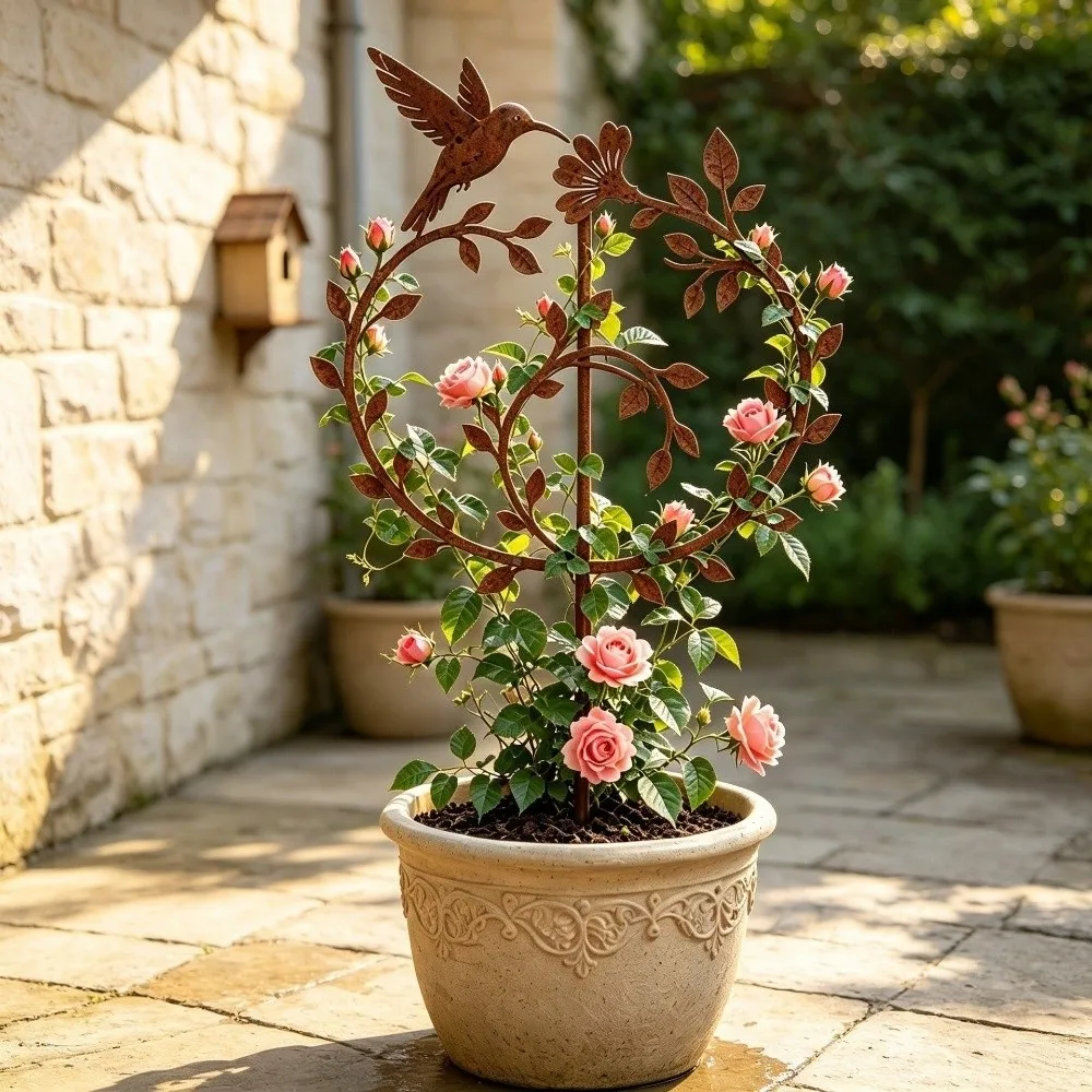 Iron Wreath Plant Stand Hollow Out Bird Plant Climbing Trellis Vintage Weather Resistance Butterfly Plant Fixed Frame Lawn