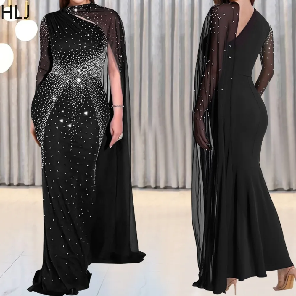 

HLJ Winter New Sexy Rhinestone Patchwork Bodycon Dresses Woman Mesh Irregular Sleeves Dress Female Party Clubwear Vestidos 2025