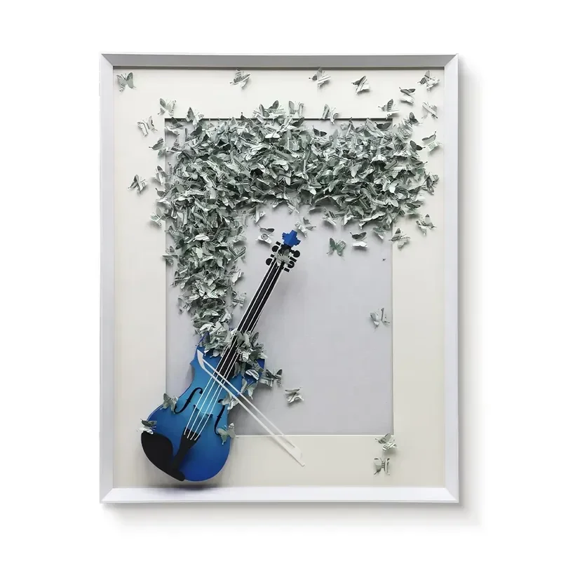 JZ Modern 3D Paper Art Handmade butterfly and Volin Abstract Painting Framed Wall Art Decor With Art Deco Design for Hotels