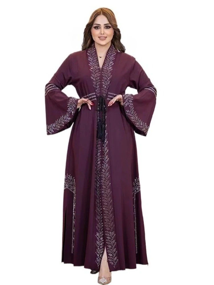 

2025 Summer Elegant Style African Women Long Sleeve V-neck Polyester Green Red Blue Long Dress Maxi Dress Muslim Fashion Dresses