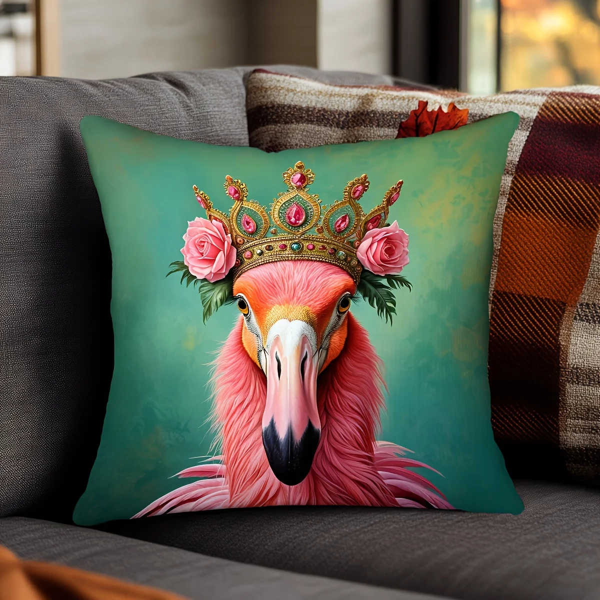 1pc Flamingo Queen Themed Printed Throw Pillow Cover, Suitable for Sofa, Bedroom, Living Room, a Unique Gift for Animal Lovers view 2