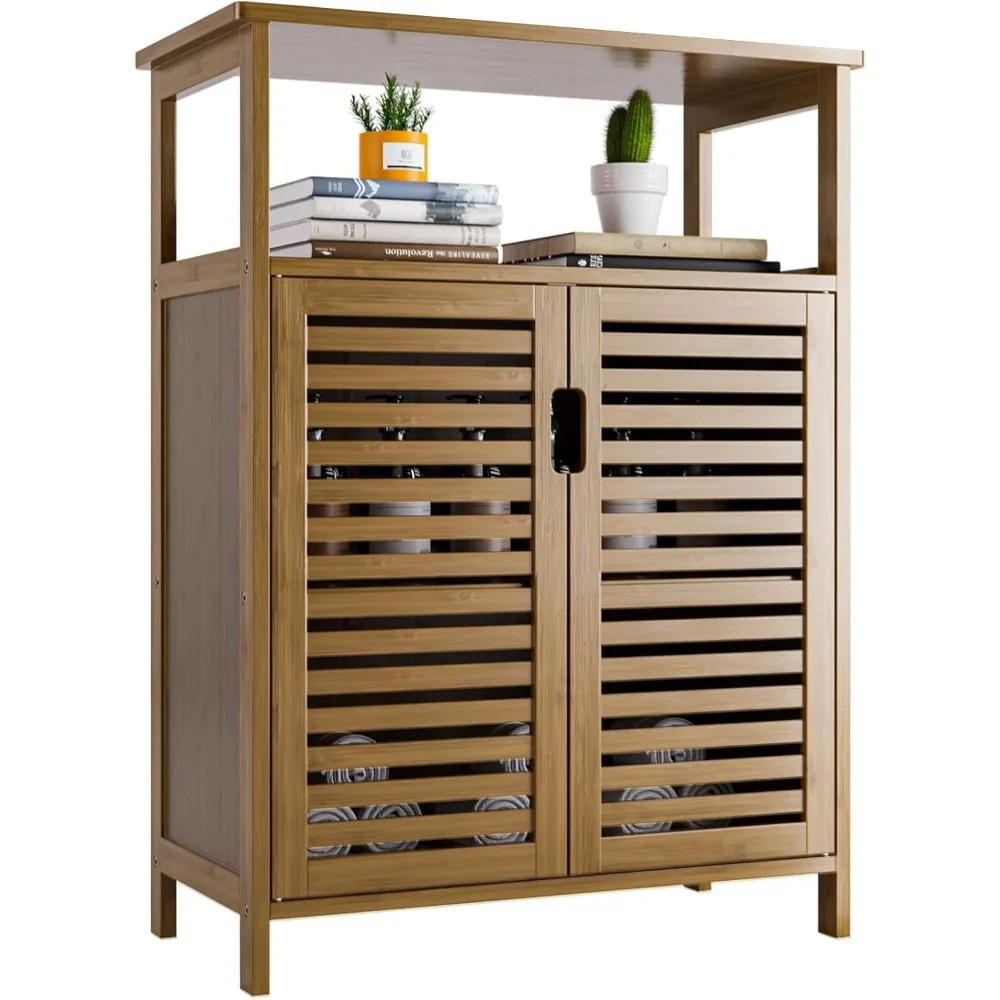 Walnut Bathroom Floor Cabinet, Bamboo Side Tall Storage Organizer, Freestanding Kitchen Cupboard with Door and Shelf