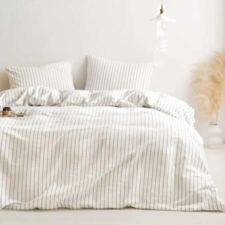 

Striped Cotton Duvet Cover Set, Tic Stripe Vertical Pinstripe Farmhouse, 100% Washed Cotton Textured Bedding Set, 3 Pieces,,Siz