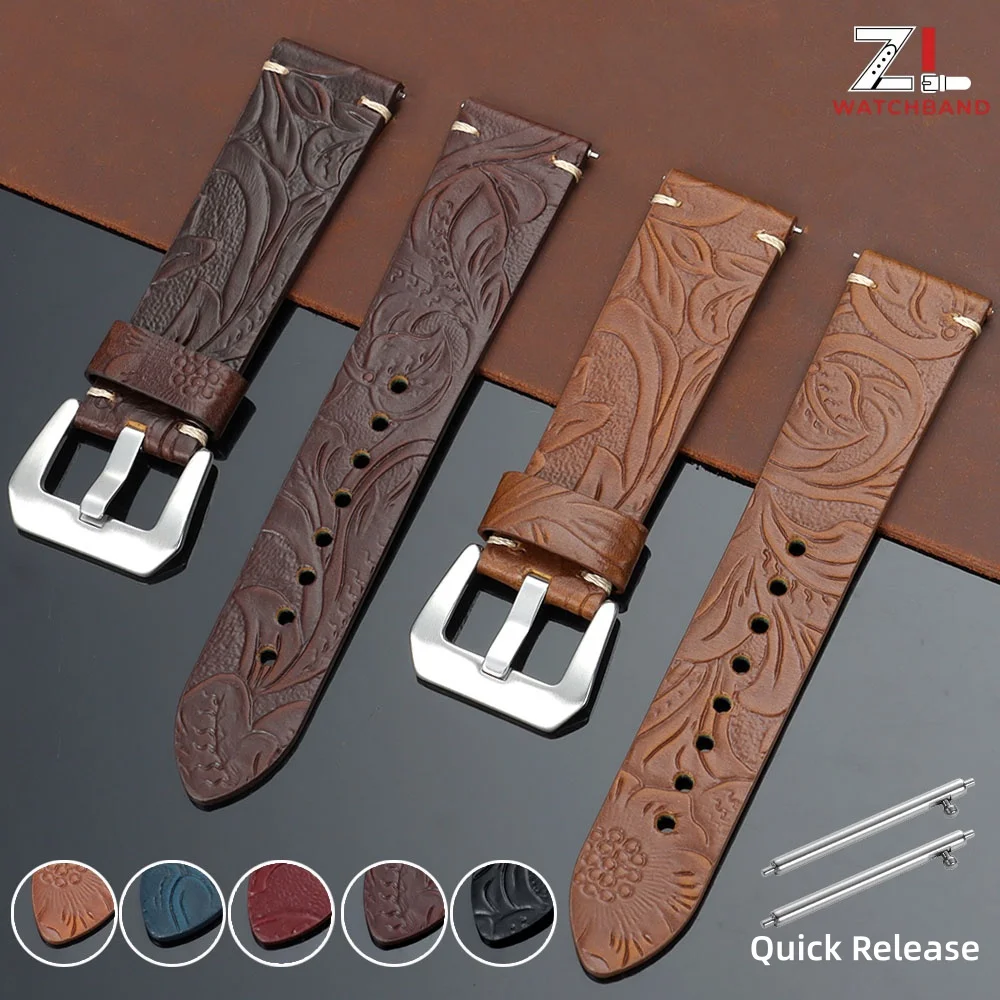 Embossed Pattern Leather Watch Straps 20mm 22mm Retro Watchbands Blue Brown Quick Release Cowhide Wrist Bracelet for Men Women