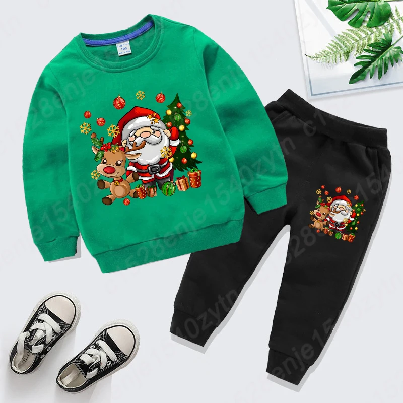 Santa Claus & Reindeer & Christmas Tree Graphic Print Sweatshirt Sets, Cute Cartoon Girls Comfy Clothes For Christmas As Gifts