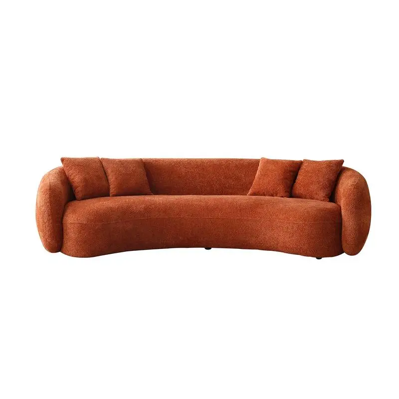 Modernes, gebogenes 5-Sitzer-Bouclé-Sofagarnitur aus orangefarbenem Teddyfleece – Halbmond-Design, Freizeitcouch für das Boho-Wohnzimmer