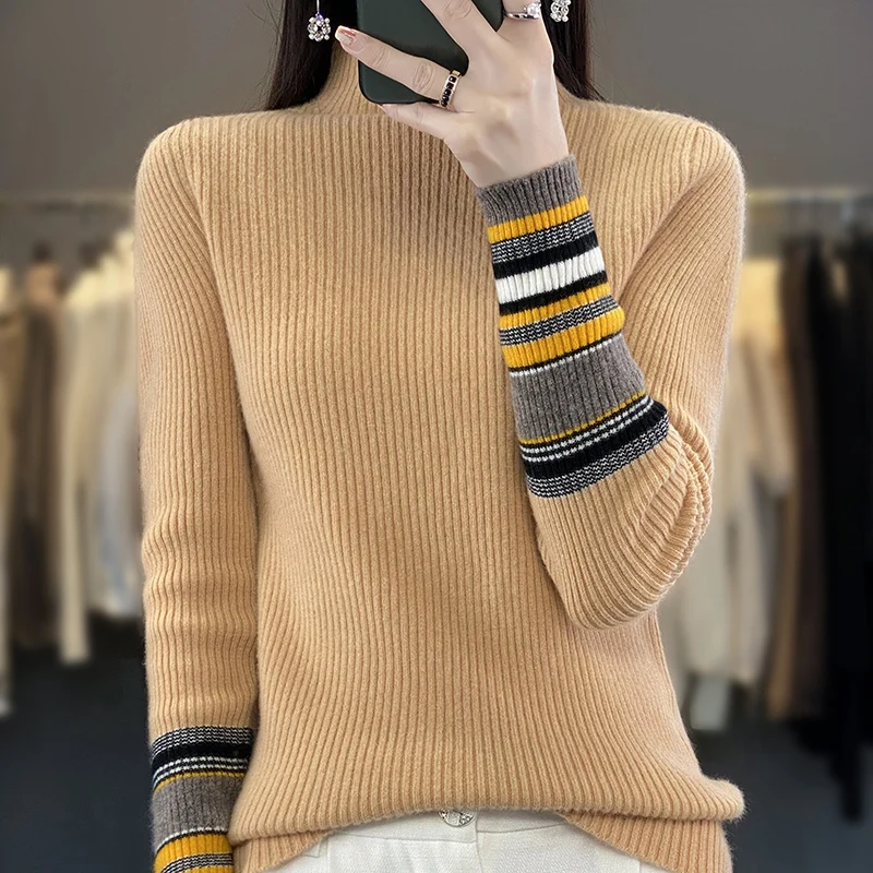 BELIARST 2023 New 100% Merino Wool Sweater Women\'s Clothes Half High Collar Striped Cuffs Stripe Ethnic Knit Pullover M-8156