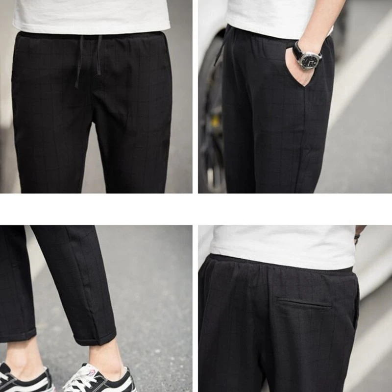 Plus Size M-5XL Men Plaid Ankle Length Cotton Linen Jogger Pants Casual Fashion Sweatpants Trousers Street Summer