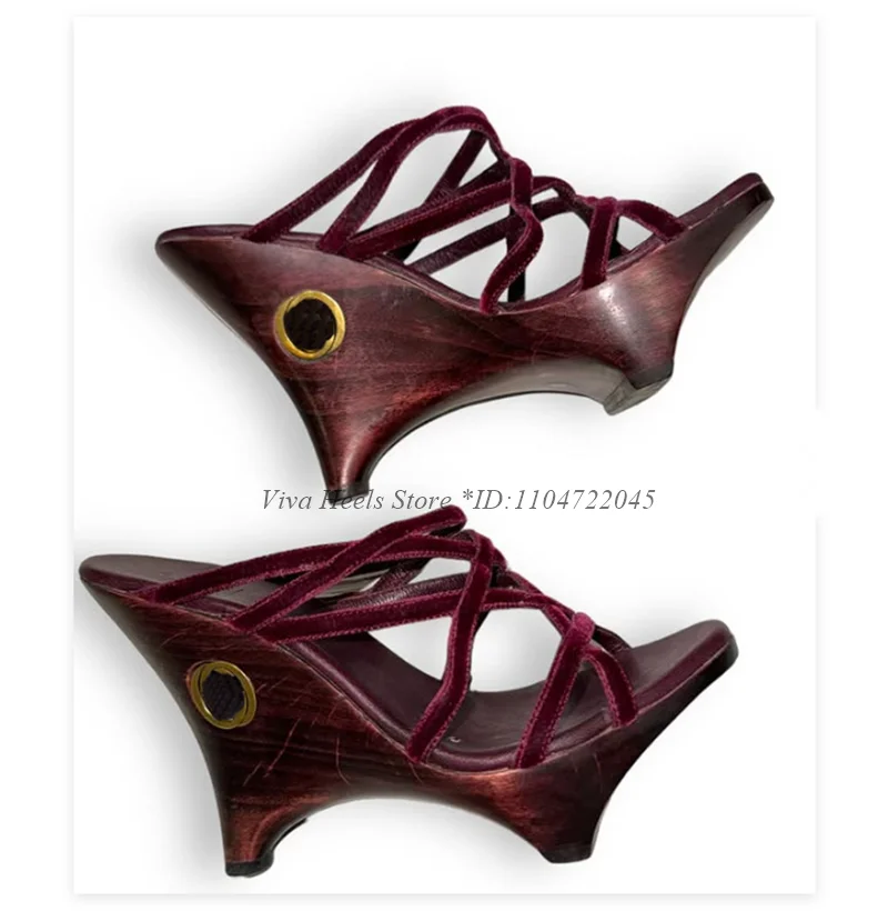 

Vintage Strange Style Velvet Wedges Sandals Women's Summer Sexy Black/Wine Red High Heels Clog Mules Luxury Designer Party Shoes