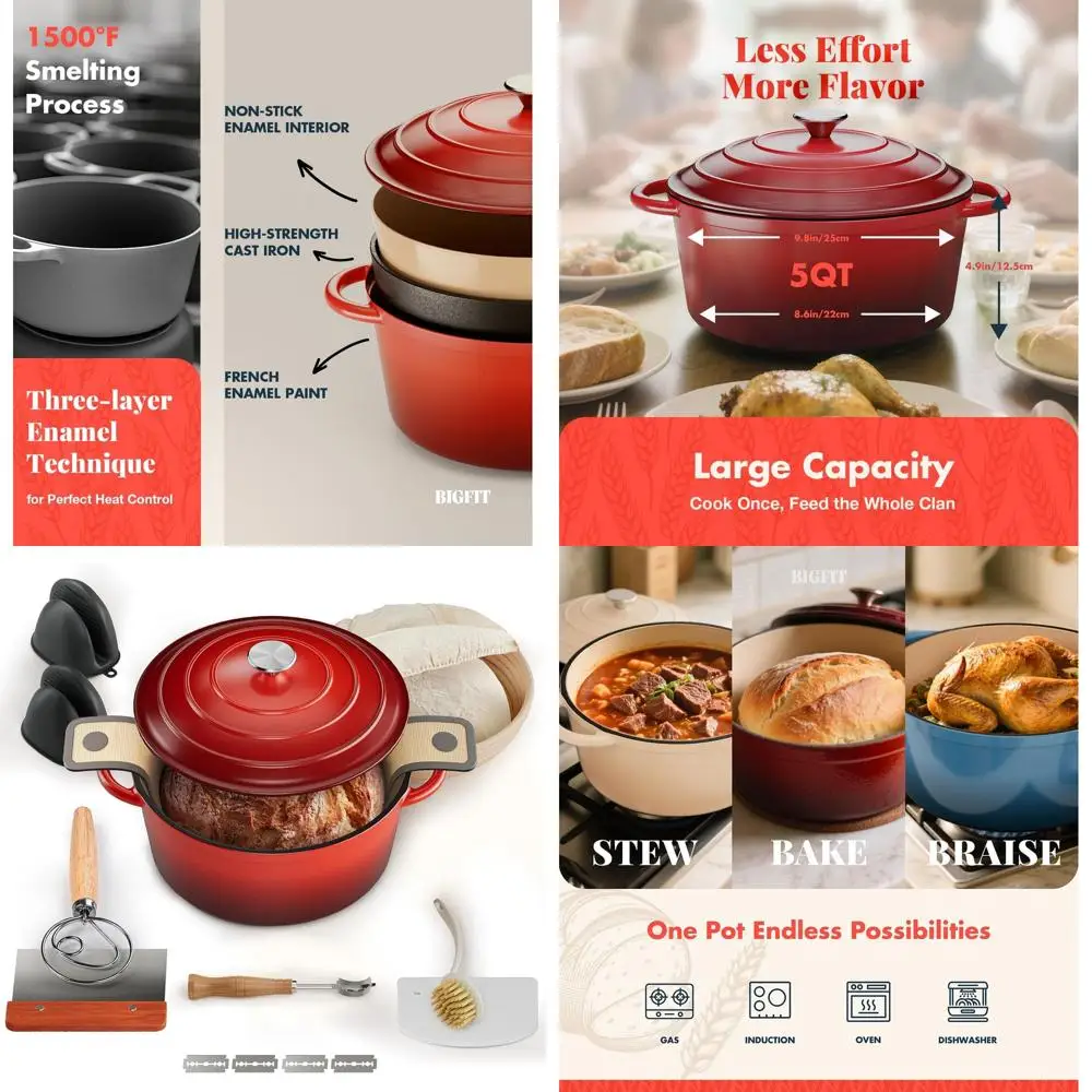 

Enameled Cast Iron Dutch Oven, 5QT, Multi-Functional for Bread Baking, Banneton Basket & Sourdough Supplies, Red