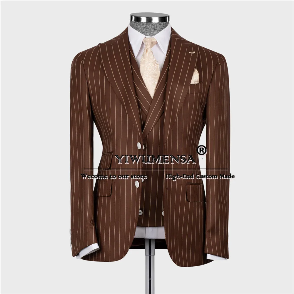 Brown Striped Tuxedo Formal Party Single Breasted Jacket Vest Pants 3 Pieces Set Groom Wedding Suit Business Trajes Para Hombre