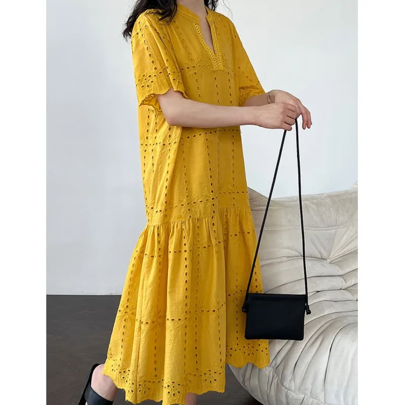 Johnature francese cut-out pizzo ricamo all'uncinetto abito donna 2025 estate nuovi abiti lunghi casual allentati semplici con scollo a V