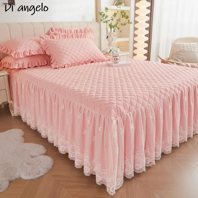 Gonna da letto ispessita di lusso rosa, lenzuolo in pizzo ricamato, coperta di copertura, gonna, federe, King, Queen, Twin, # /L