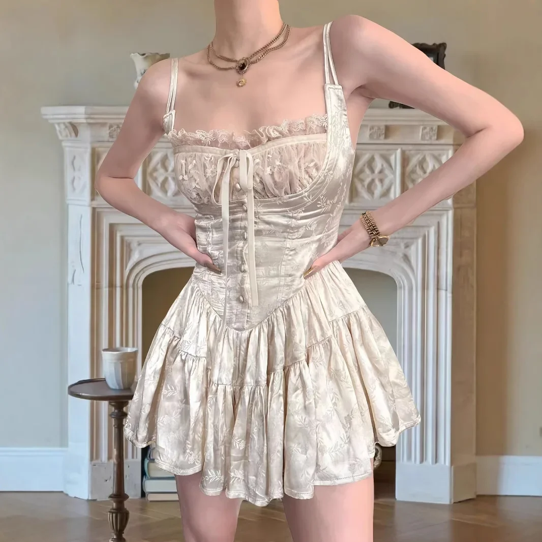 MAGOGO Mini abito medievale in raso retrò da donna Corsetto in pizzo floreale jacquard monopezzo Cami Pagliaccetti Data Esci Abiti estivi