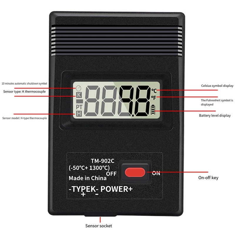 เครื่องวัดอุณหภูมิเครื่องวัดอุณหภูมิอุตสาหกรรม Thermodetector Meter TM-902C K ประเภทดิจิตอล LCD -50 ℃   ถึง 1300 ℃