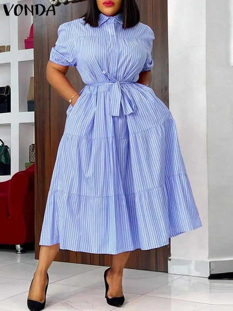 Plus Size 5XL VONDA Women Fashion Shirt Dress 2024 Summer Short Sleeve Casual Midi Sundress Elegant Loose Stripe Vestidos Belted