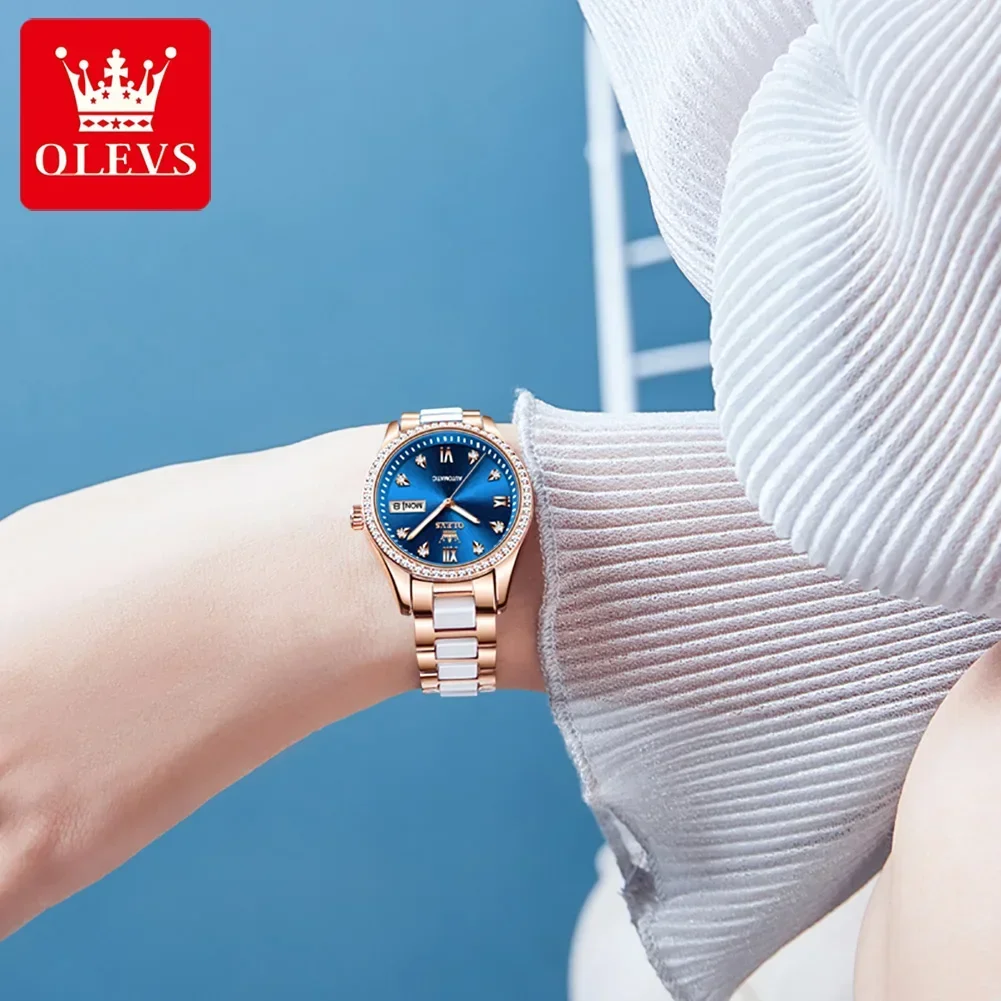 OLEVS Automatic Mechanical Watch for Women Luxury Ceramic Strap Diamond Dial Waterproof Luminous Women\'s Wristwatch Reloj Mujer