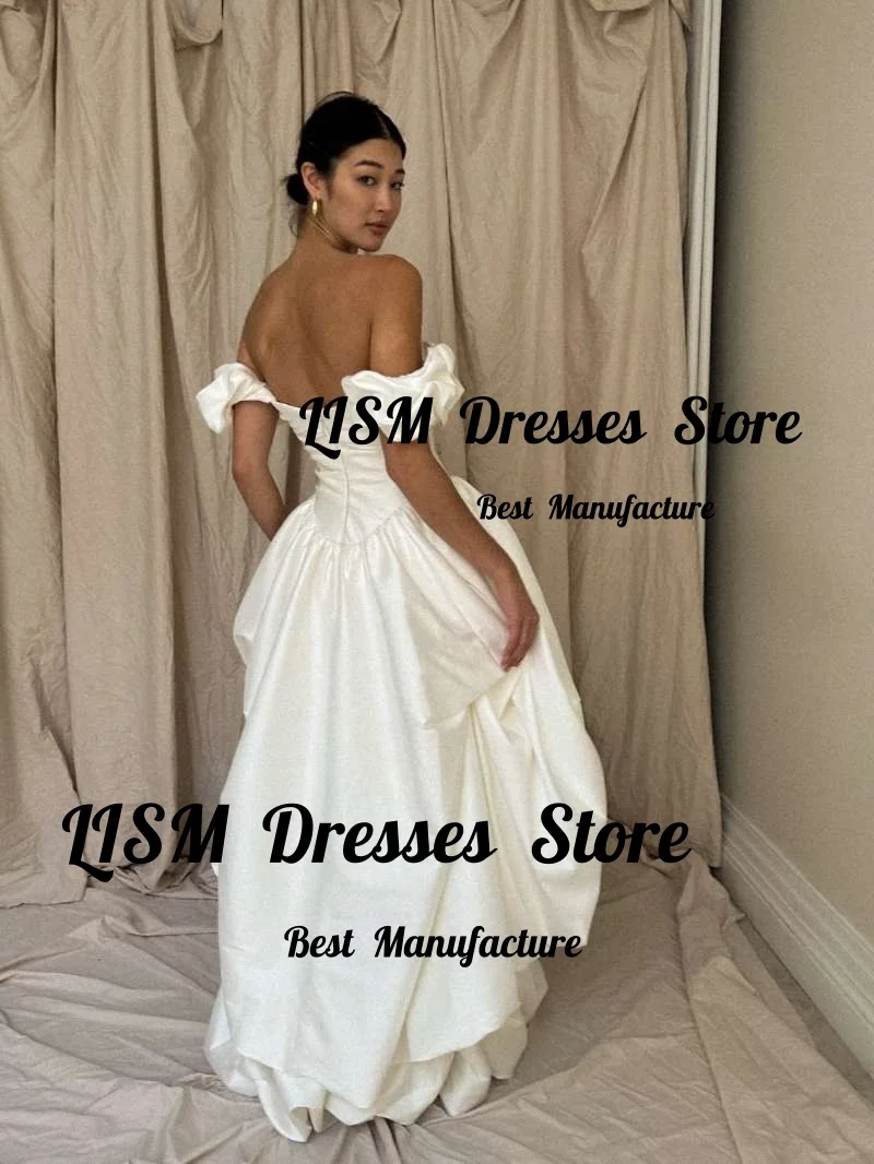 Lism Customized Elegant Wedding Dresses Strapless Remove Sleeves Ivory Satin Draped A-Line Modern Bridal Gown vestidos de novia