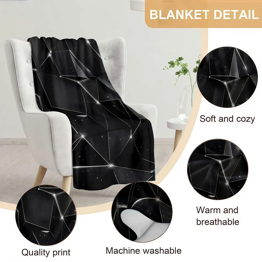 Black Geometric Crystal Polygon Soft Warm Flannel Blanket Lightweight Cozy Christmas Halloween Home Decor Room