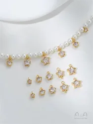 14K Gold Inlaid Zircon Small Star Pendant with Lace, Pentagonal Star, Double Hanging, DIY Bracelet, Necklace Accessory