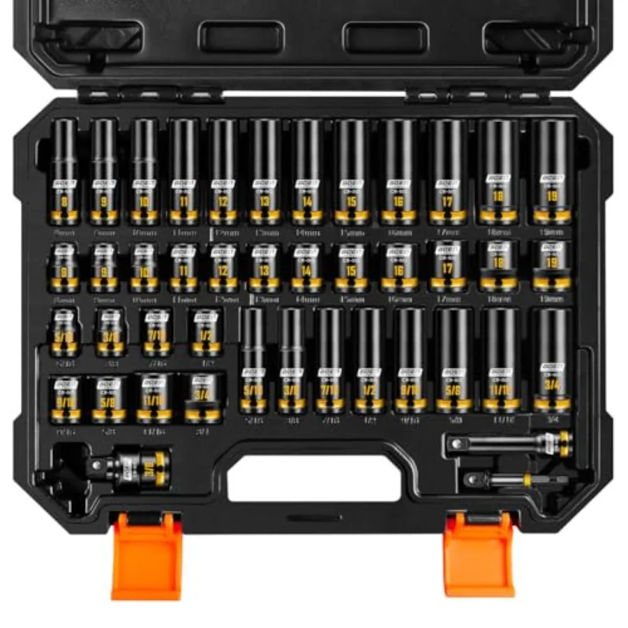 

Pro 3/8" Drive Impact Socket Set 43-Piece SAE 5/16"-3/4" and Metric(8-19mm) set 6-Point Deep and Shallow Kit with Deep Embossed