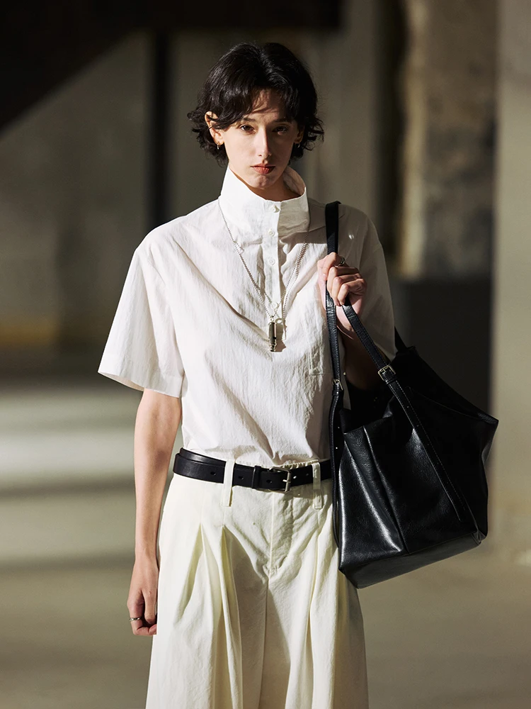 

Semicircle Women's Artistic Summer Casual Loose Fit Short Sleeve Neck Shirt Thin Cotton Lyocell Nylon Blend Color