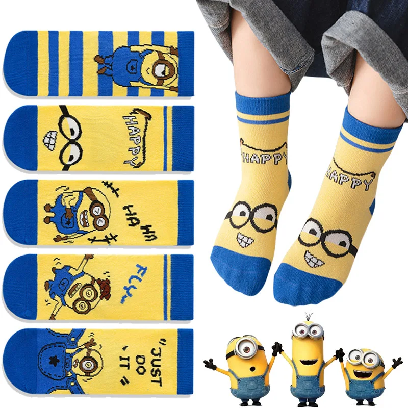 5 Pairs Minions Cotton Kids Anti-Slip Boat Socks Floor Anime Cartoon Comfort Warm Casual Baby Boys Girls Socks for 1-12Years