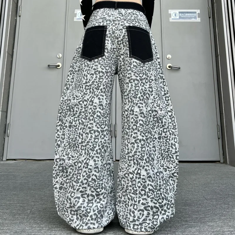 ANJY Spring Autumn New Women  American Retro Leopard Print Patch Pocket Jeans Trend Streetwear Loose Wide-Leg Denim Pants A21472