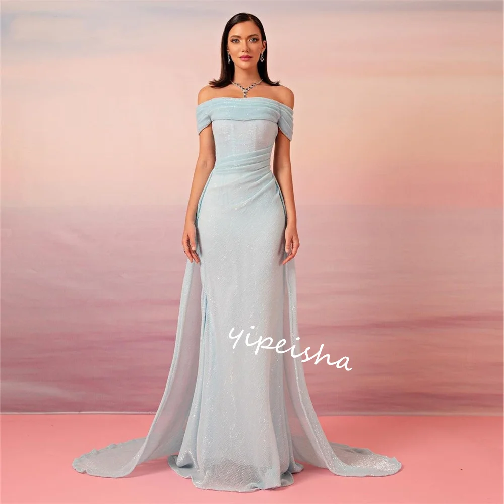 Evening Jersey Draped Graduation A-line Off-the-shoulder Bespoke Occasion Gown Long Dresses Saudi Arabia