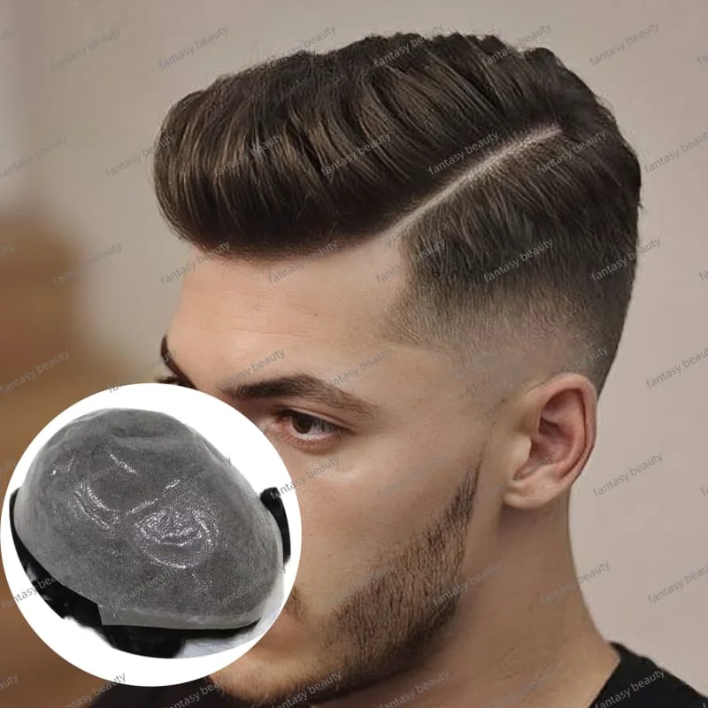 

0.02-0.03mm super Thin skin Pu base Men Toupee 100% European man human hair Wigs 90% density Men’ Prosthesis Replacement System