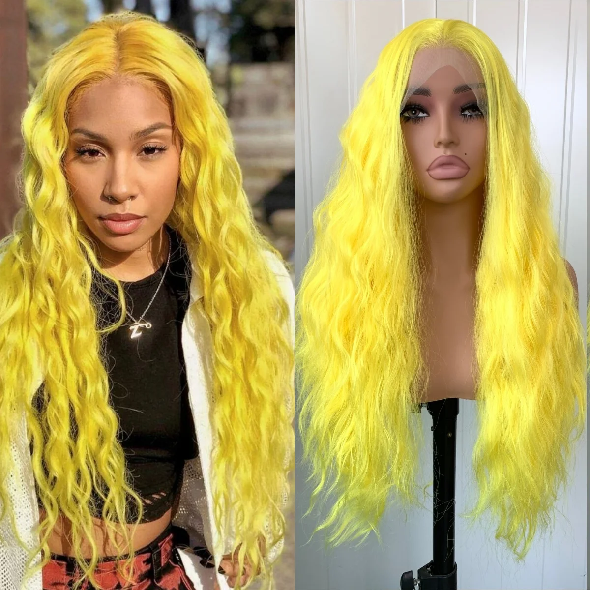 Long Bright Yellow Wave Wigs for Women Natural Curly Synthetic Wig Free Part 13X4 Lace Front Colored Wig for Daily Party Cosplay