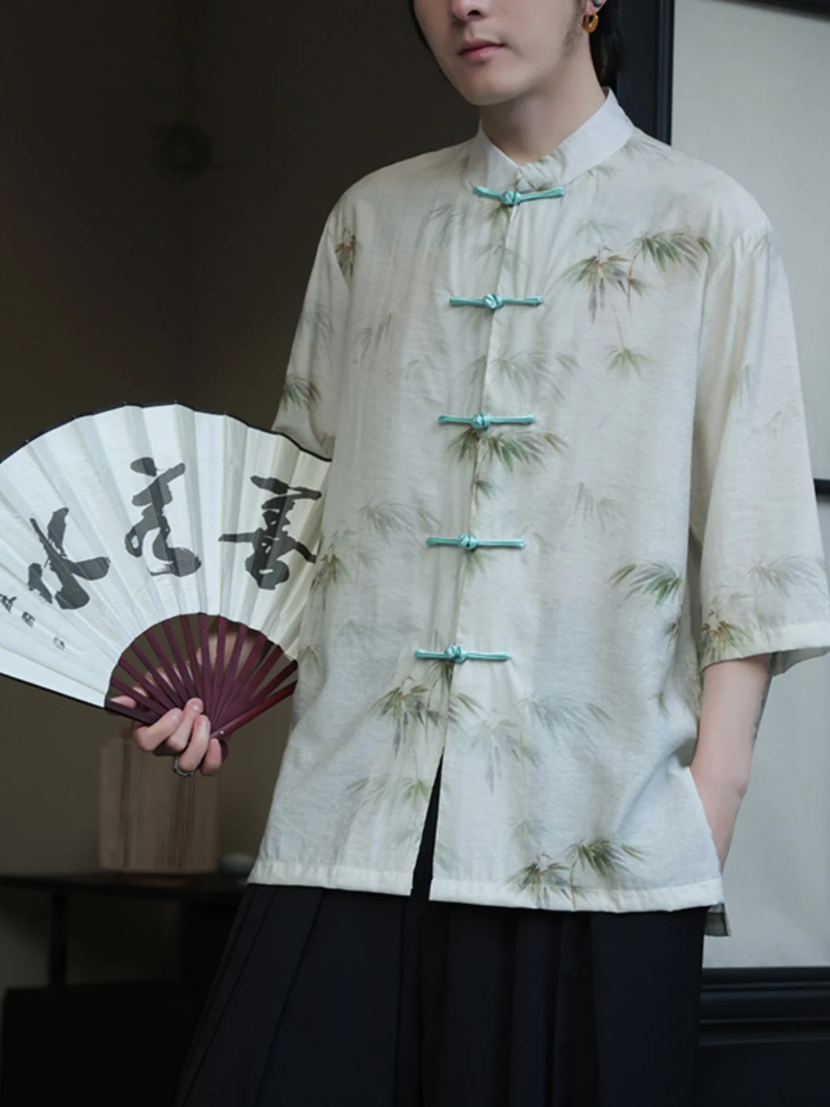 

Ice Silk ort Sve irt Men's Summer Thin New Chinese Sle Reformed Hanfu Tang Costume Button up Top Youth Faion Loose...