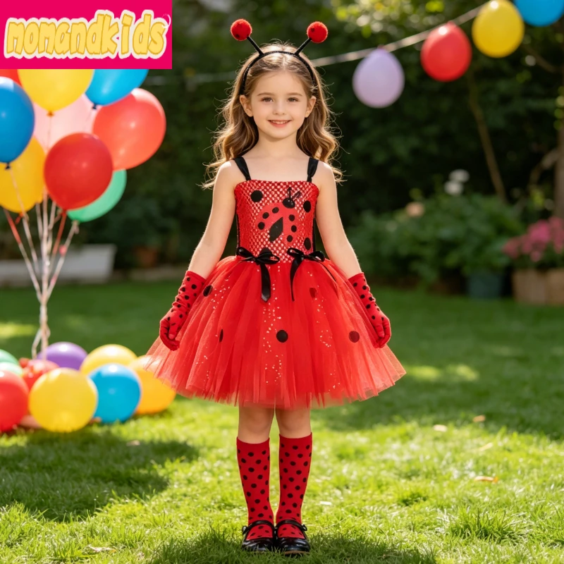 Sequined Red Insect Fancy Tutu Outfit Decorated Dark Dot Patterns, Great for Outdoor Parades and Birthday Role Play Gatherings