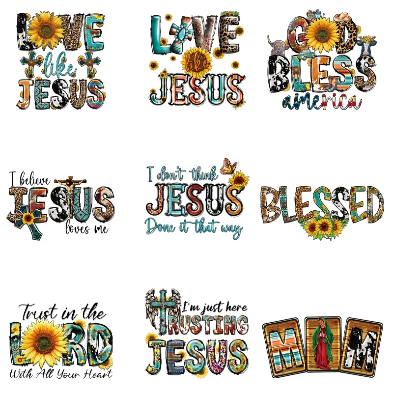 

9piece the exquisite letter pattern of Jesus Heat Transfers Printing Iron On Patches For Clothing Press Transfer Words DIY App