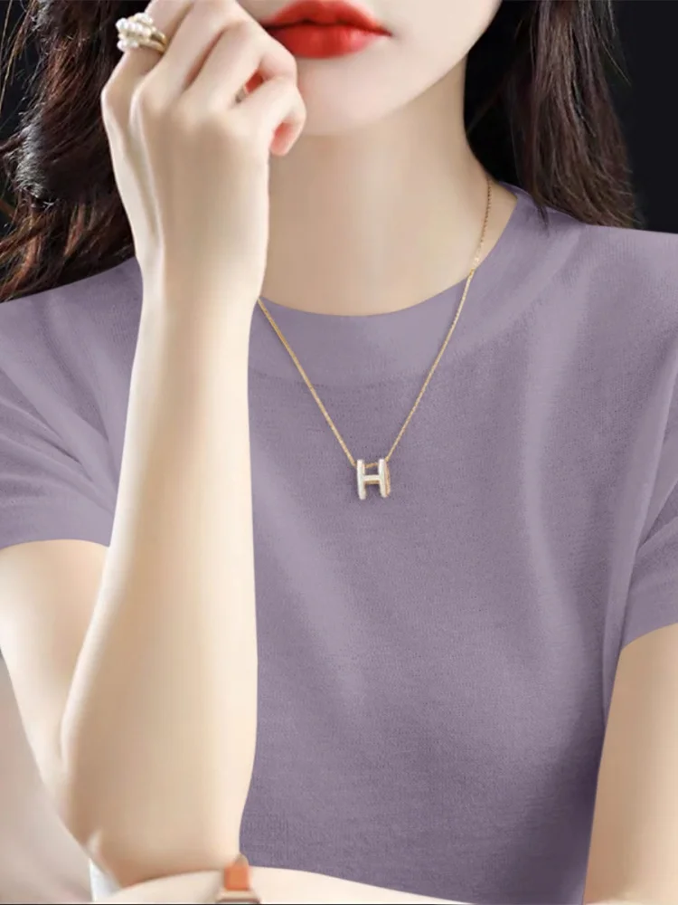 화이트 루즈 슬림 또는 얇은 니트 여름 신상 얇은 라운드 넥 티셔츠 여성 캐주얼 편안한 통기성