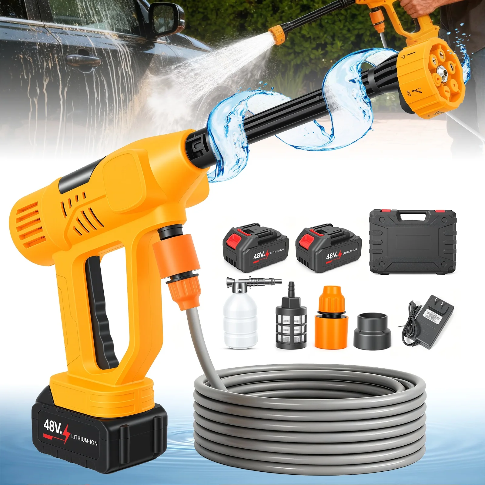 21V Cordless Pressure Washer 900PSI Portable Car Washer with 6-in-1 Nozzle 10-Speed Adjustment with 2x4.0Ah Batteries for Car Garden Floor Watering Plants