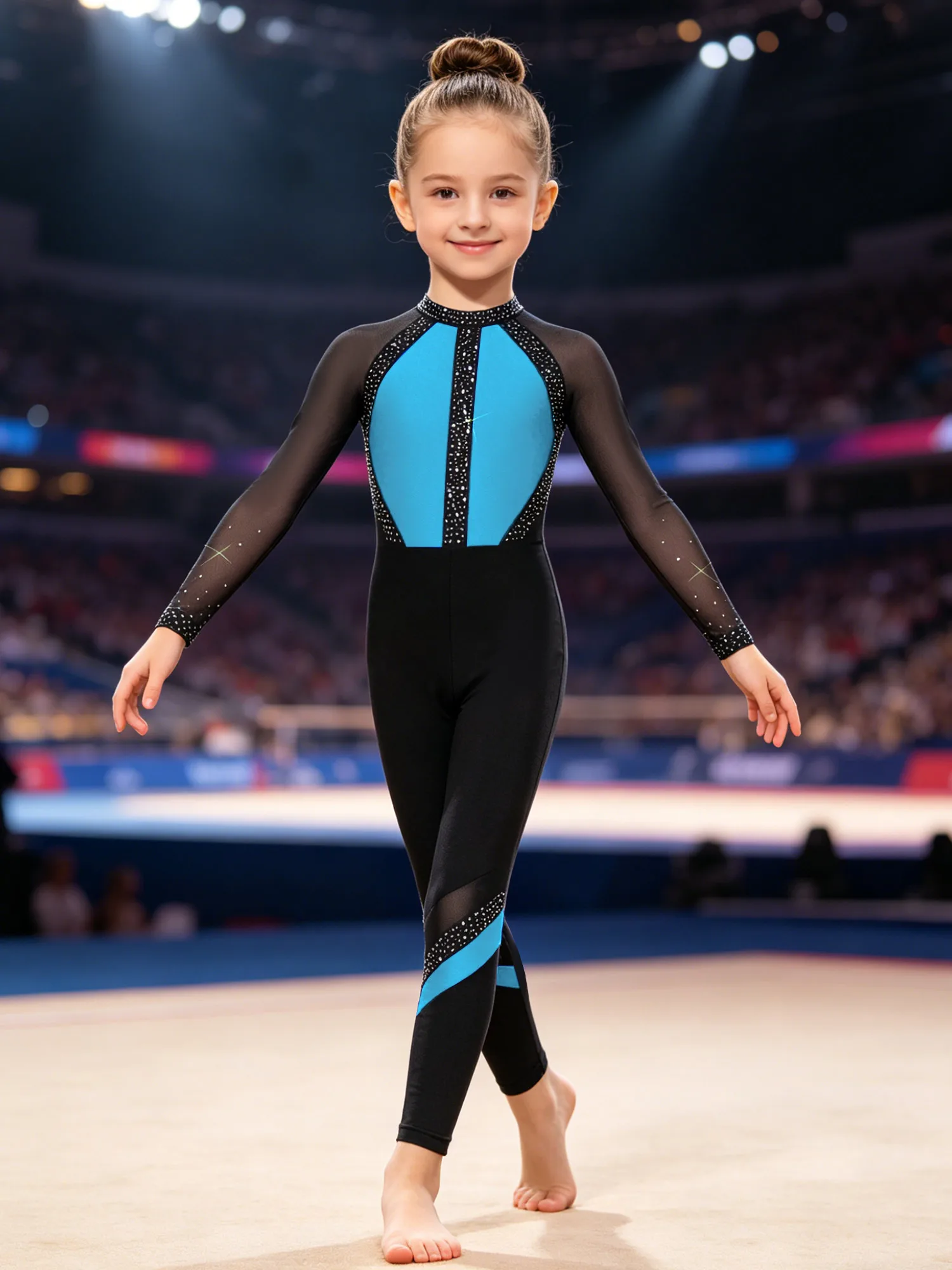 Girls Ballet Dance Gymnastics Leotard Long Sleeve Mesh Rhinestones Full Body Unitards for Skating Acrobatic Training Performance