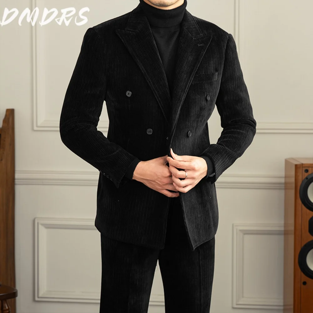 Traje lujoso de doble botonadura con terciopelo de chenilla a rayas para banquetes clásicos, traje de hombre, esmoquin de lujo personalizado para otoño