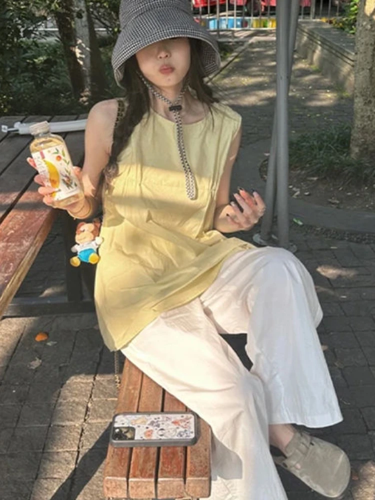 

2025 Summer Harajuku Casual Y2k Aesthetic Blouse Loose Sleeveless Women Solid Long Shirt Streetwear Grunge Pleated Femme Tops