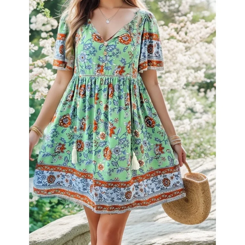 Mode V-ausschnitt Kurzarm Print Floral Mini Kleid Frauen 2025, Sommer Lose Beiläufige Strand Boho Kleider Für Frauen Robe Femme