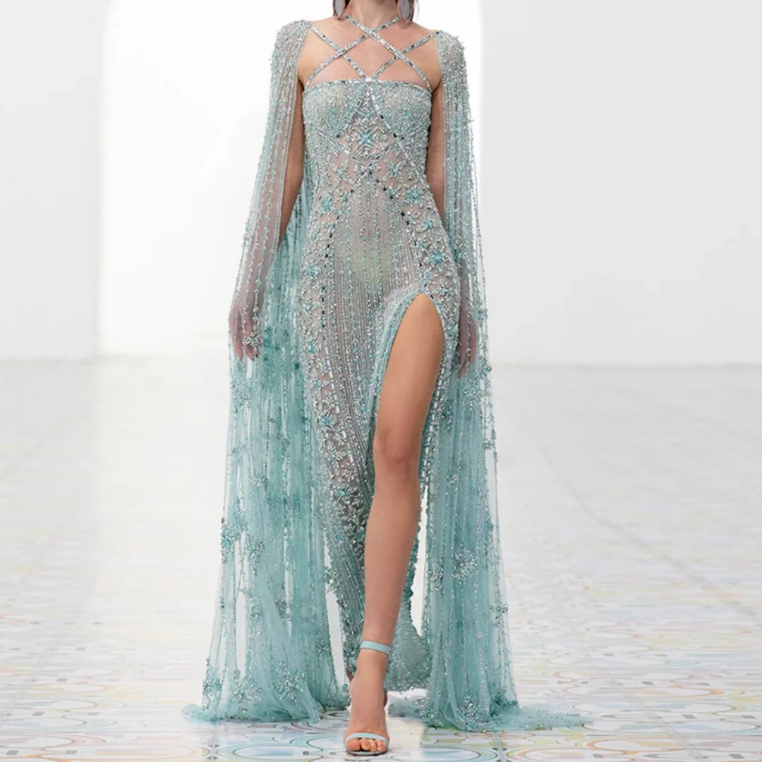 

Elegant Luxury Dubai Aqua Lilac Mermaid Evening Dress with Cape Sleeve Women Wedding Party Gown Customized