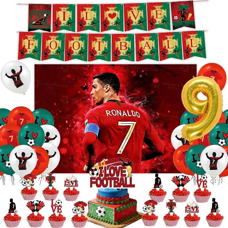 Nieuwe CR7 Verjaardagdecoratie Voetbal Superster Feestartikelen Voetbal Party Favoren Tafelkleed Bordjes Papieren Bekers Achtergrond