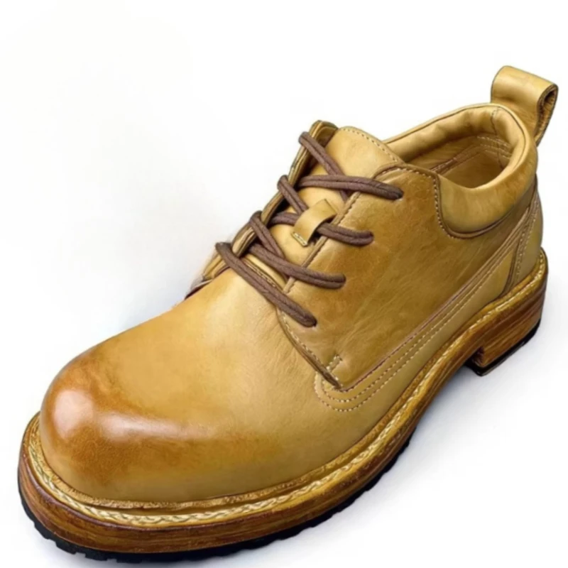 Retro Washed Horse Leather Hand-sewn Derby Shoes for Men's Business Casual Shoes Genuine Leather Big Head Height-increasing Shoe