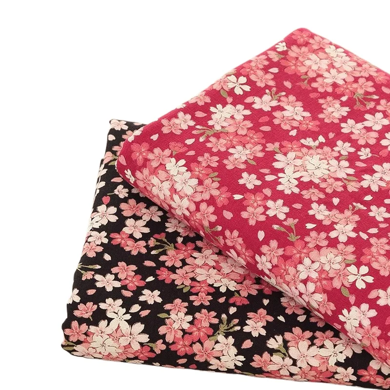 Cherry Blossom Pattern Cotton Fabric Small Floral Imitation Linen Texture for DIY Handicrafts Dresses Curtains Pillows Bags