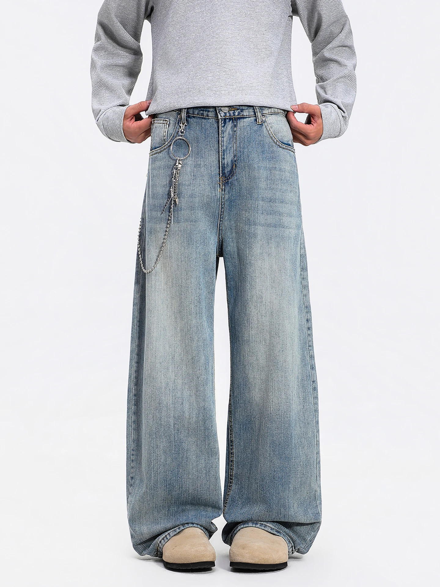 

Boyue Faion Streetwear Bamboo Node Waed Wide Leg Jeans Semi-Elastic Waist Men's Trendy Casual Loose Straight Cut Jeans