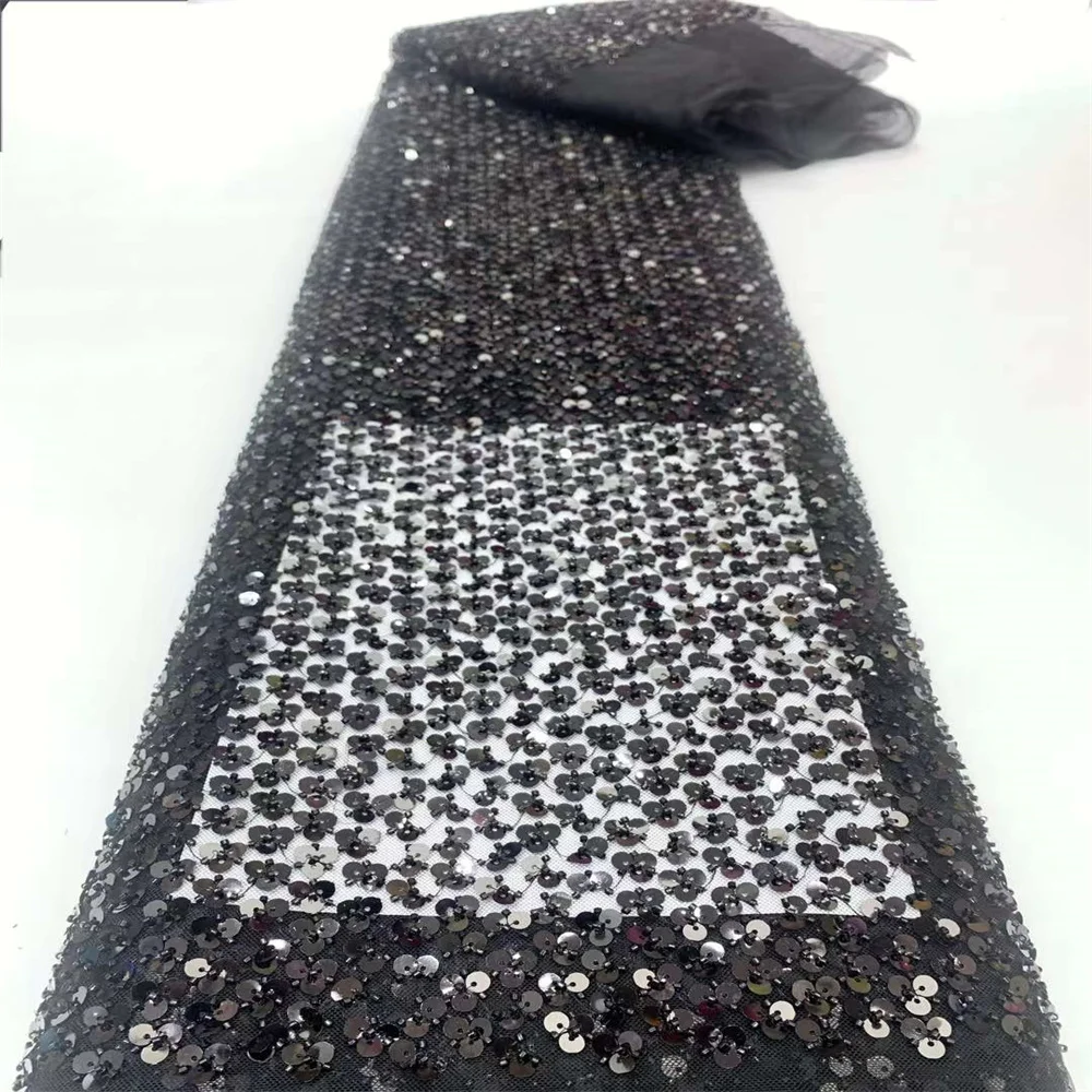 Tecido de renda lantejoulas africano Material frisado Tecidos de luxo para vestido de casamento Vestido de casamento nigeriano Alta qualidade, 5 jardas, 2024