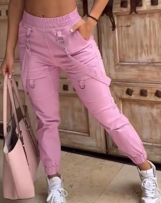 Pantalon cargo taille haute à jambes larges pour femmes, pantalon à bretelles à revers baggy, design de poche, streetwear décontracté, FJM, Y2K