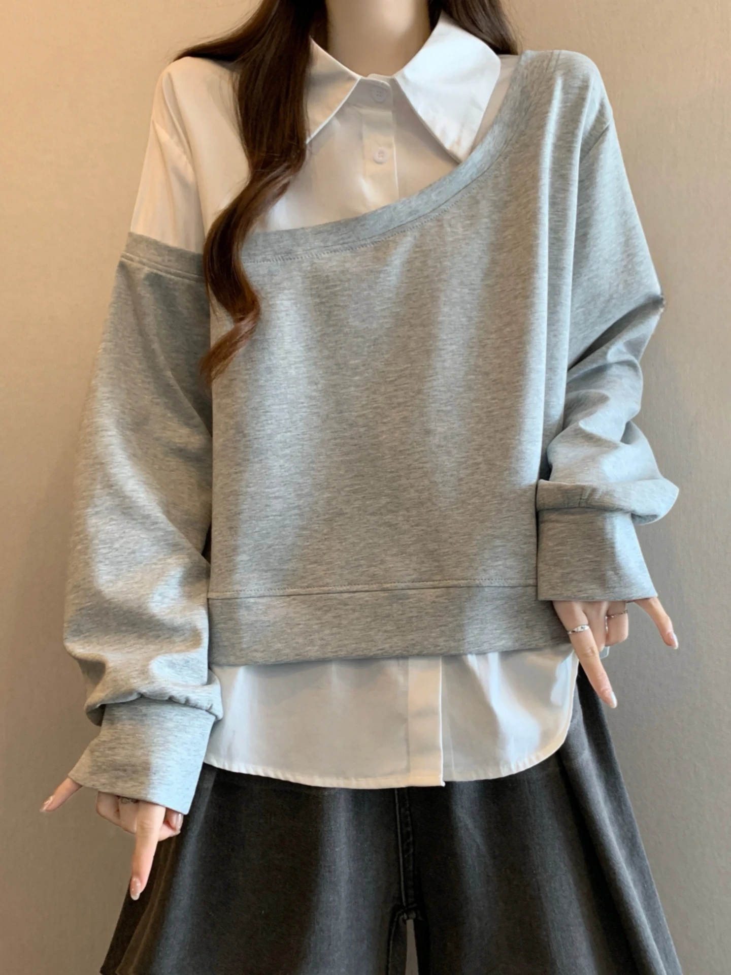 

Slimming Design Sense Polka Neck Long Sleeve Shirt Jacket for Women Spring Autumn plus Size Big Code Fat MM Pasted Two-Piece