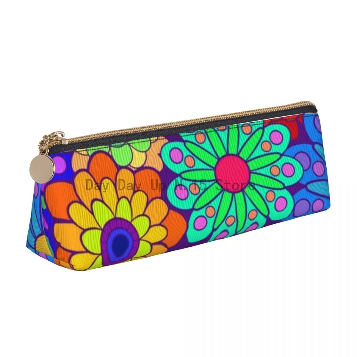 Colorful Bright Flowers Triangle Pencil Case Retro Hippy Flower Fashion Zipper Pencil Box Teenager Stationery Leather Pen Pouch