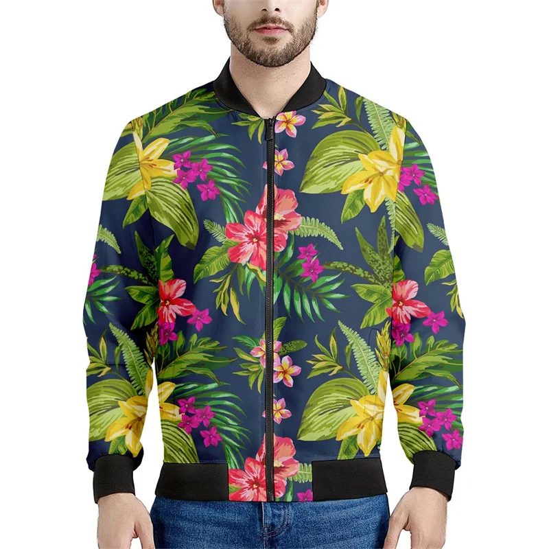 Fashion 3d Printed Hawaiian Flower Zipper Jacket Men Tropic Plants Pattern Sweatshirts Tops Long Sleeves Oversized Bomber Coats